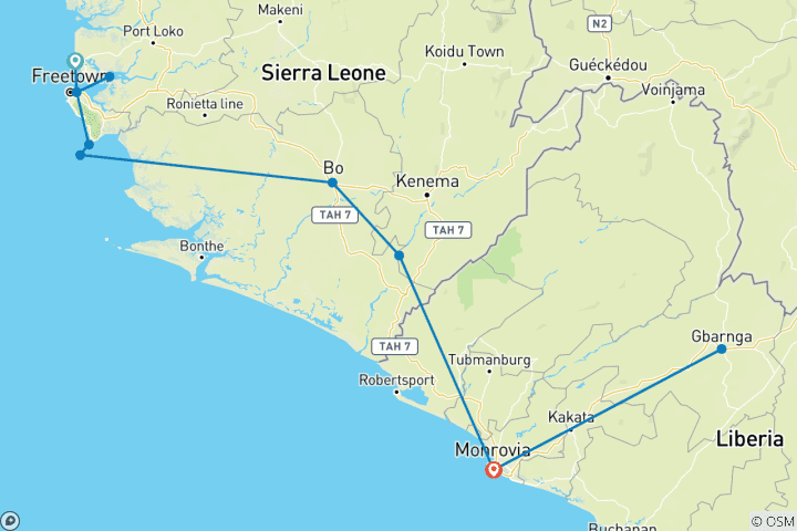 Carte du circuit Circuit en Sierra Leone et au Libéria | Forêts tropicales, faune sauvage et patrimoine culturel – 11 jours