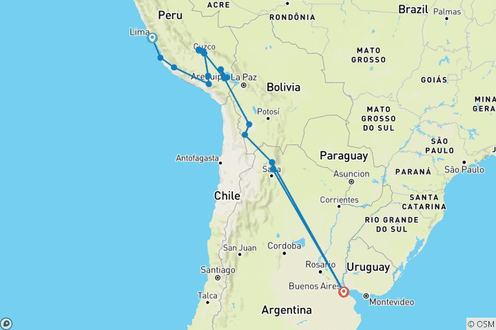 Carte du circuit Aventure au Pérou, en Bolivie et en Argentine (55 destinations)