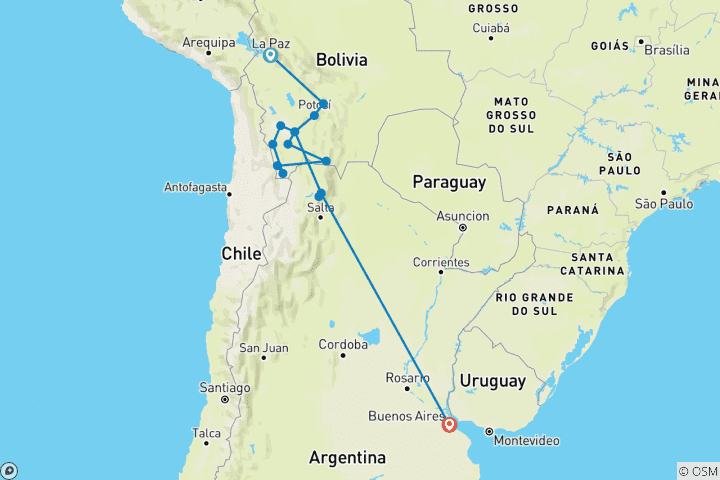 Kaart van Het beste van Bolivia en Argentinië (15 bestemmingen)