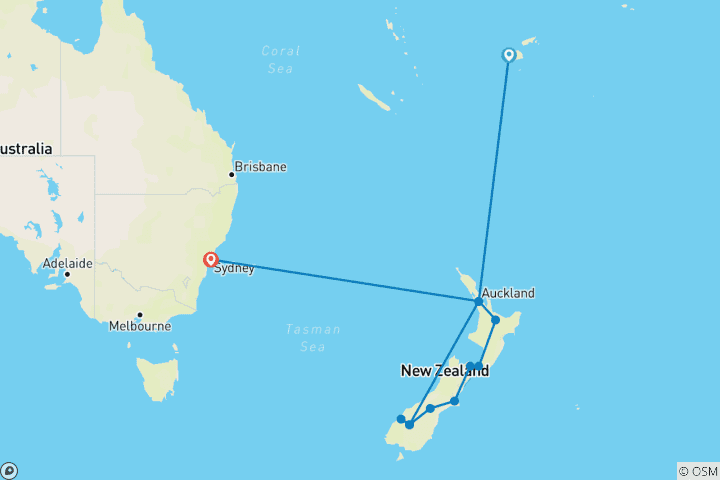 Carte du circuit La Nouvelle-Zélande classique, avec les Fidji et Sydney