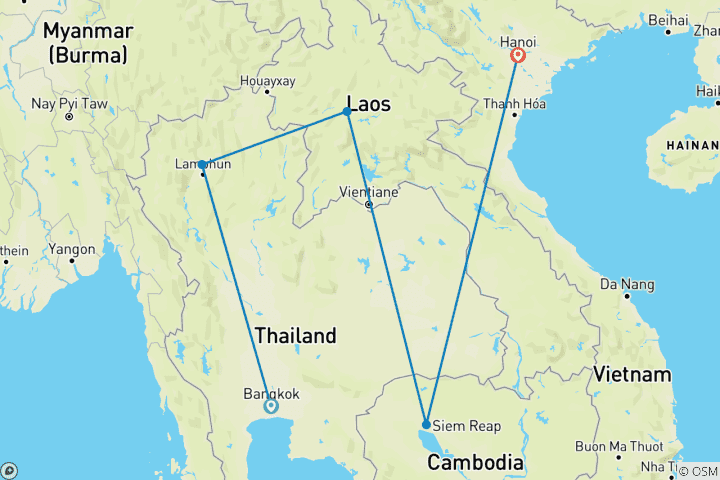 Carte du circuit Circuit de 17 jours en Indochine : l'essentiel des 4 pays (pas de voyage en groupe, hôtels 4 étoiles et guide privé) – Personnalisable