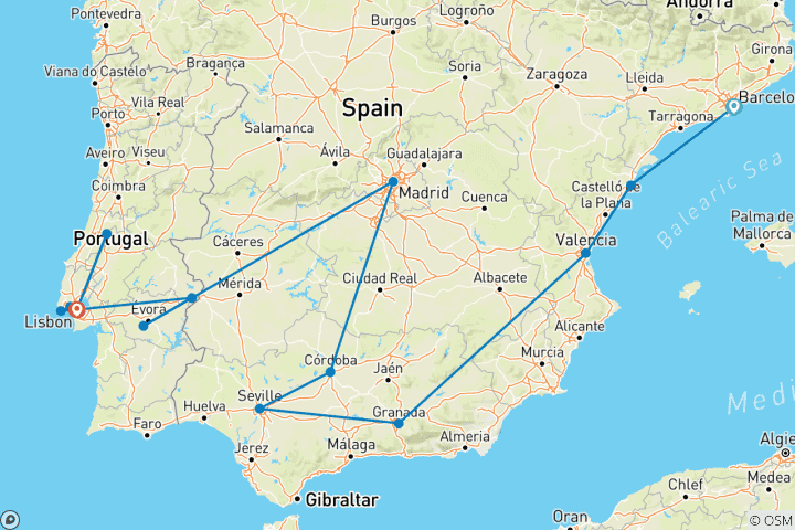 Carte du circuit Les classiques de l'Espagne et du Portugal (de Barcelone à Lisbonne, 2027)