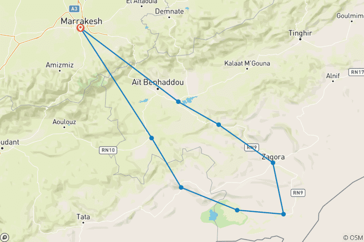 Karte von 3 Tage „Blue Turbans“ - Tour von Marrakesch in die Sahara - Kameltrekking, Luxuscamp, Sandboarding und das Atlasgebirge