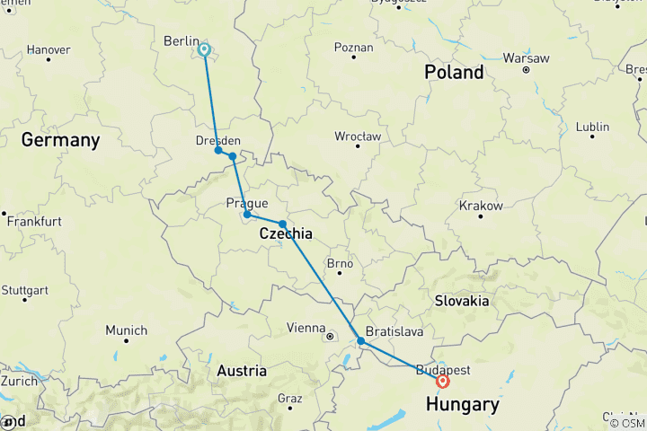 Map of Berlin to Budapest (7 destinations)