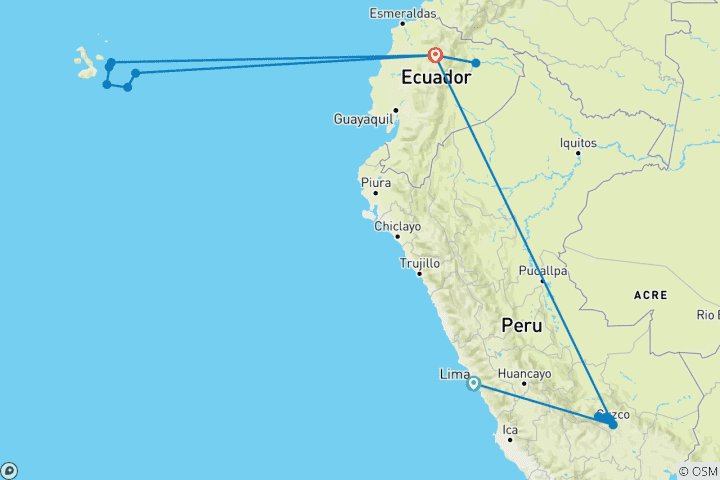 Carte du circuit Pérou et Équateur : le Machu Picchu, la Vallée sacrée et les Galápagos, avec l'Amazonie
