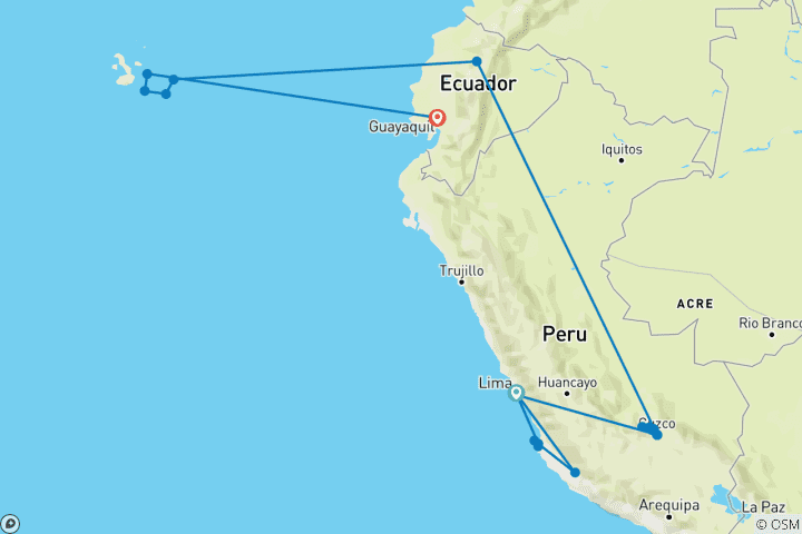 Carte du circuit Pérou et Équateur : le Machu Picchu, la Vallée sacrée et les Galápagos, avec les lignes de Nazca