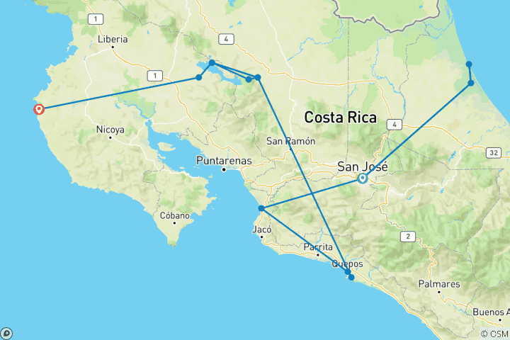 Kaart van Costa Rica: Van kust tot kust via Tortuguero