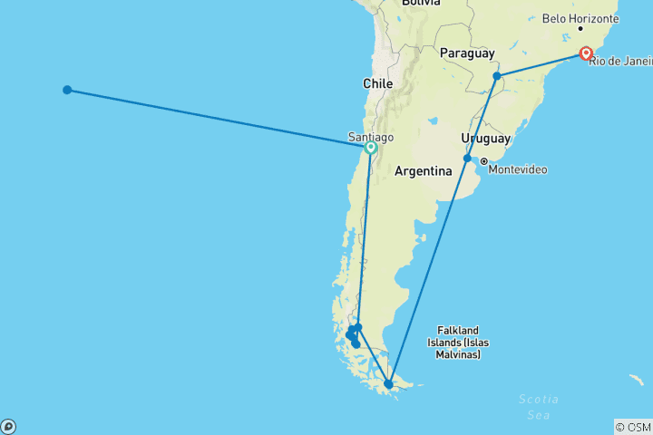 Carte du circuit Patagonie : un voyage au bout du monde, avec l'île de Pâques, les chutes d'Iguazú et Rio