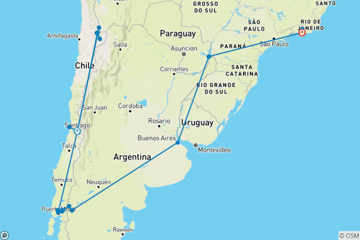 Carte du circuit Le Chili et le nord de la Patagonie en profondeur : l'Atacama, les chutes d'Iguazú et Rio