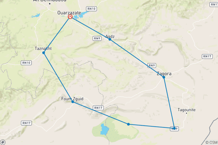 Kaart van 7 dagen Blauwe Tulbanden Ontdek de duinen van Chigaga vanuit Ouarzazate