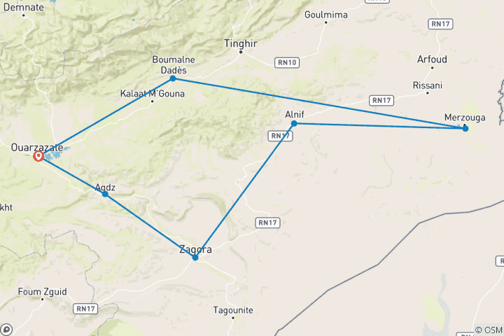 Map of 3 Days tour from Ouarzazate to Merzouga desert & Zagora