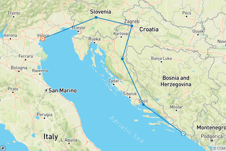 Map of Dubrovnik to Venice (6 destinations)