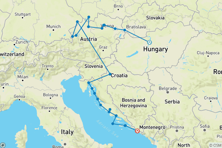 Carte du circuit Les joyaux de l'Adriatique et du Danube : de Budapest à Dubrovnik, 2026 et 2028 (15 jours) (2028)