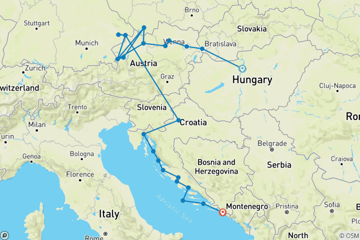 Carte du circuit Les joyaux de l'Adriatique et du Danube : de Budapest à Dubrovnik 2026/2028 (15 jours, 2028)