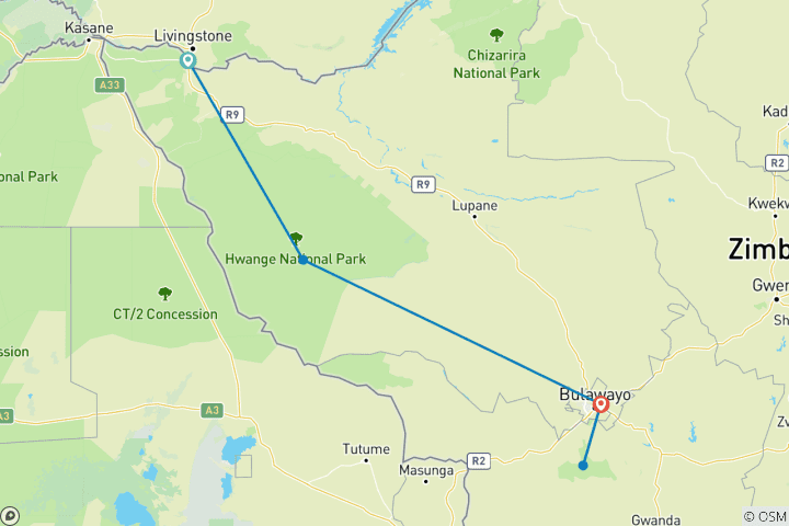 Carte du circuit Les 8 meilleurs jours au Zimbabwe : Plan du safari aux chutes Victoria et à Hwange