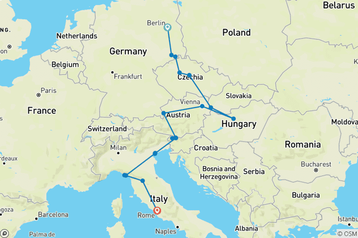 Map of Berlin to Rome (25 destinations)