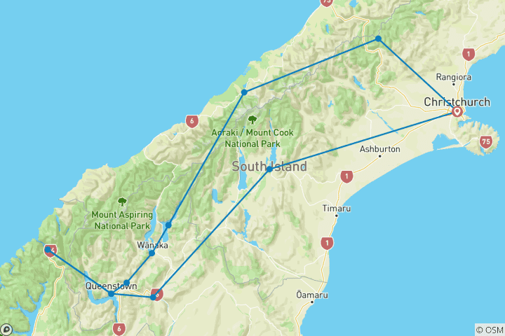 Map of New Zealand South Island Express (12 destinations)