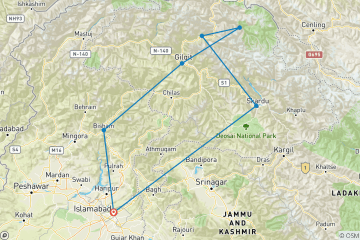 Carte du circuit Circuit de 11 jours à moto sur la route du Karakoram : Skardu, Hunza et le col de Khunjerab