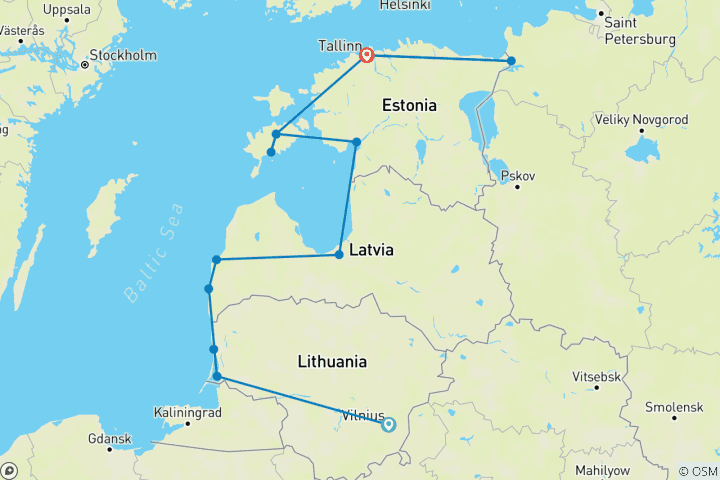 Map of Road Trip Along the Baltic Coast - Estonia, Latvia, Lithuania