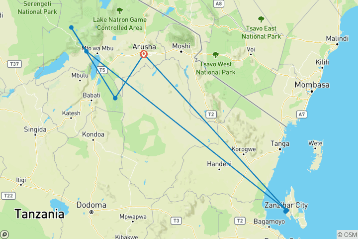 Mapa de Safari de 7 días por Tanzania y Zanzíbar | Aventura con la fauna salvaje y escapada a una playa tropical
