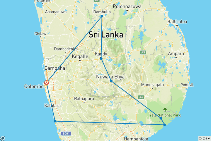Mapa de Tour de 9 días por lo más destacado de Sri Lanka: Colombo, Sigiriya, Kandy, Nuwara Eliya, Yala y Bentota (tour privado)