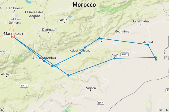 Carte du circuit Au départ de Marrakech : Circuit privé de 3 jours dans le désert de Merzouga