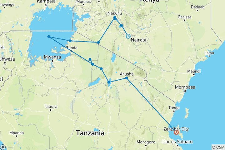 Map of Kenya and Tanzania Adventure - 14 days