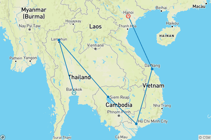 Mapa de Impresionante viaje privado de 20 días por Indochina (itinerario flexible y grupo propio)
