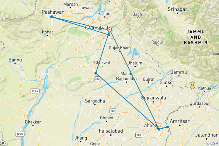 Carte du circuit À la découverte du patrimoine pakistanais – Circuit de 8 jours à Islamabad, Peshawar et Lahore (tout compris)