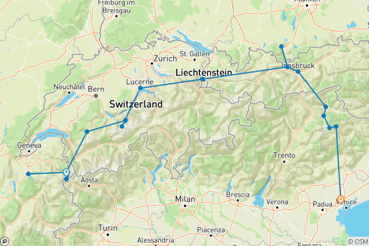 Carte du circuit Les sommets d'Europe : des Alpes aux Dolomites, en passant par la France, la Suisse, le Liechtenstein, l'Autriche et l'Italie (de Chamonix à Mogliano Veneto) (2027)