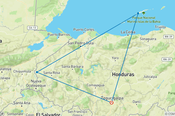 Carte du circuit Patrimoine du Honduras et escapade dans le paradis des Caraïbes – 7 jours / 6 nuits