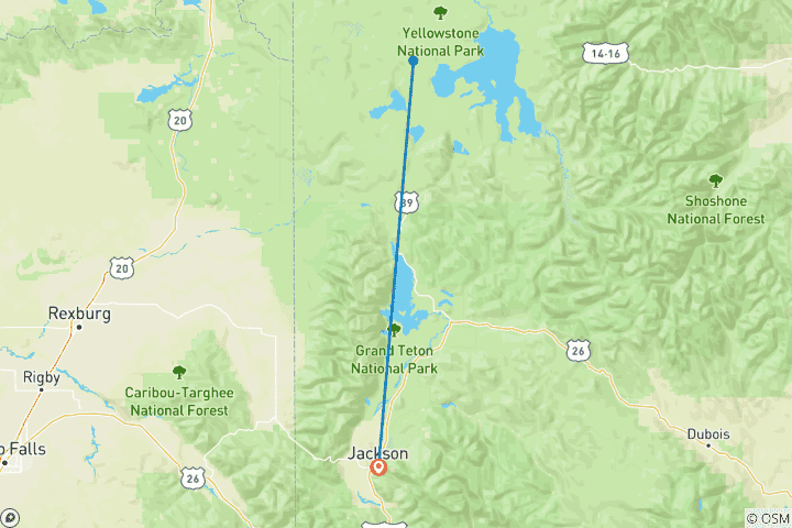 Carte du circuit Trek et camping à Yellowstone