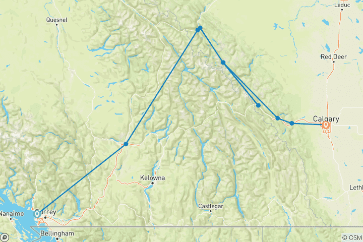 Map of Canadian Rockies & Jasper featuring Rocky Mountaineer (Vancouver, BC to Calgary, AB)