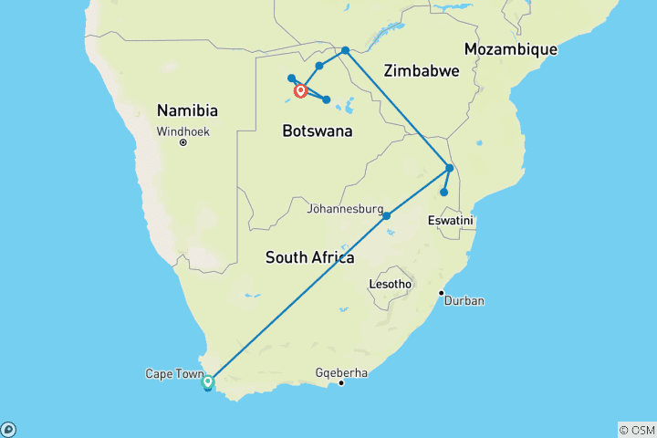 Carte du circuit Signature : Les incontournables de l'Afrique australe, du Cap au delta de l'Okavango – National Geographic