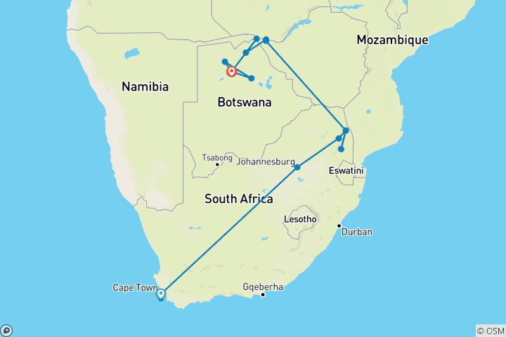 Carte du circuit Signature : Les incontournables de l'Afrique australe, du Cap au delta de l'Okavango – National Geographic