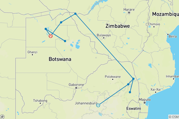 Carte du circuit Signature : Kruger, les chutes Victoria et les merveilles sauvages du Botswana – National Geographic