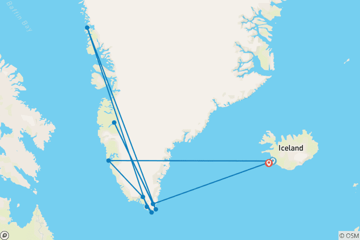 Mapa de Sur de Groenlandia: exploración alpina en helicóptero, organizada por Quark