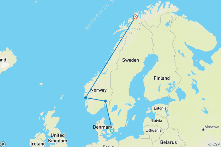 Carte du circuit Capitales scandinaves, fjords et merveilles de l'Arctique | Trajet panoramique à bord du train de Flåm, petit-déjeuner quotidien et visites touristiques inclus