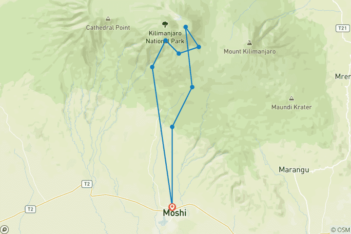 Mapa de Ascenso al Kilimanjaro por la ruta de Umbwe en 6 días | La ruta más exigente hasta el pico Uhuru