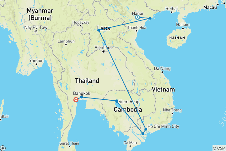 Carte du circuit Circuit de deux semaines au Vietnam, au Laos, au Cambodge et en Thaïlande
