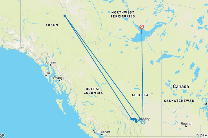Carte du circuit Circuit hivernal de 8 jours dans les Rocheuses canadiennes et à Yellowknife pour admirer les aurores boréales | De Calgary à Yellowknife – Banff, Lake Louise