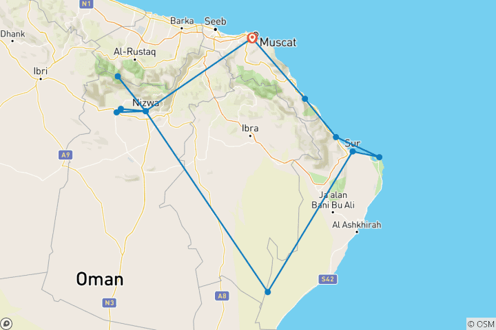 Mapa de Aventura en Omán: montañas, desierto y costa en 8 días