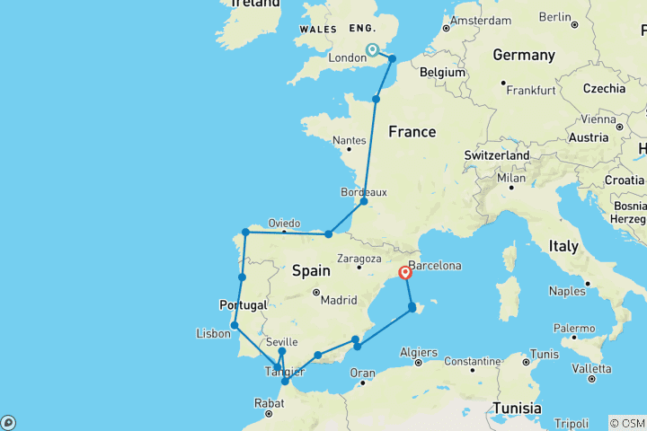 Carte du circuit L'Europe occidentale emblématique : de Barcelone à Londres (Tilbury)