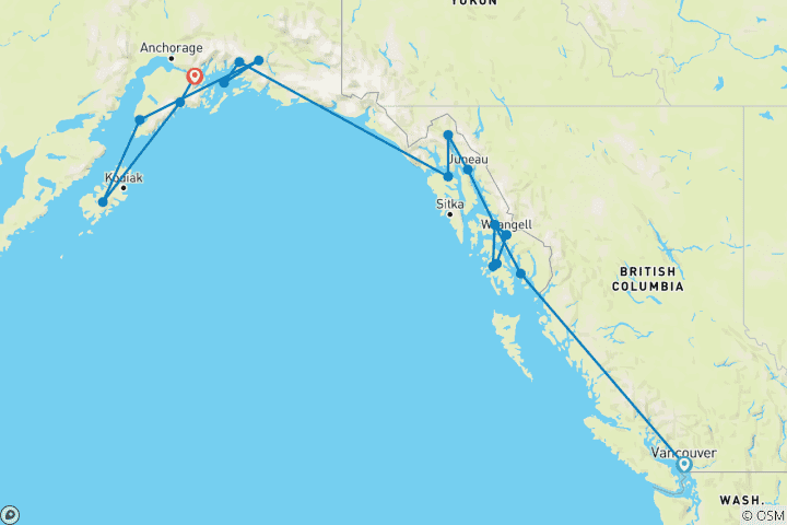 Karte von Alaskas Fjorde und die Inside Passage - von Vancouver (British Columbia) nach Whittier (Alaska)