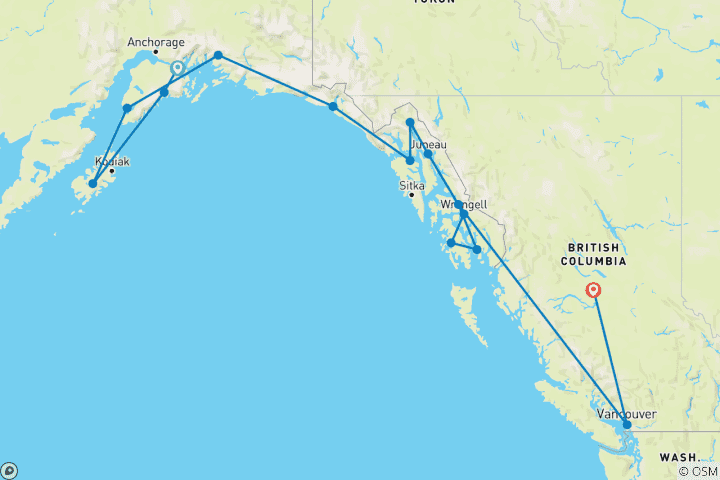 Karte von Alaskas Fjorde und die Inside Passage - von Whittier (Alaska) nach Vancouver (British Columbia)