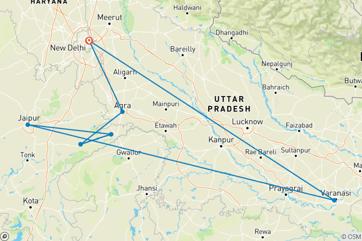 Mapa de Delhi, palacios y el Ganges: viaje privado de 10 días