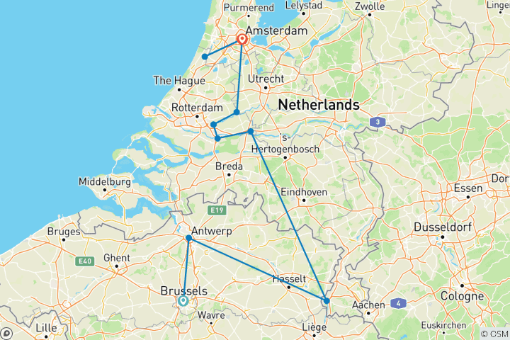 Kaart van Nederland & België tijdens Tulip Time (2028, van Brussel naar Amsterdam)
