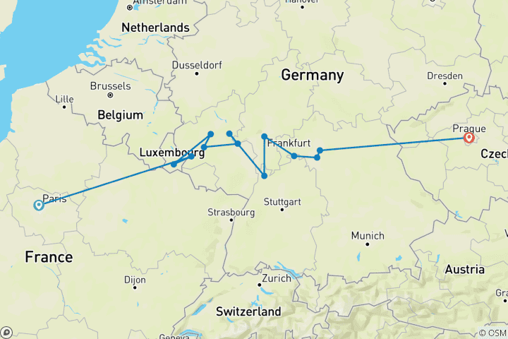 Kaart van Parijs, Praag & de verborgen pareltjes van Duitsland (2028) (Van Parijs naar Praag, 2028)
