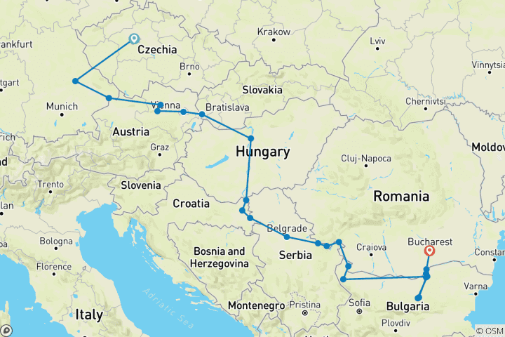 Carte du circuit Portraits d'Europe de l'Est (2028) (De Prague à Bucarest, 2028)