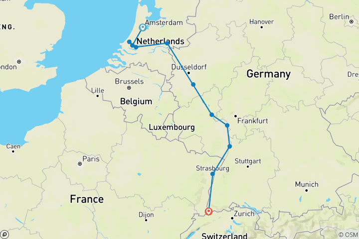 Carte du circuit Le Rhin, une région exceptionnelle, et la Hollande historique (2028, d'Amsterdam à Bâle)